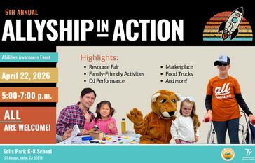 Poster for the 5th Annual Allyship in Action Abilities Awareness Event on April 22, 2026, from 5-7 PM at Solis Park K-8 School.